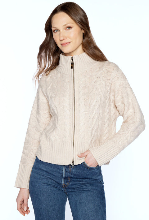 cream cable knit cardigan with full zipper and mock turtleneck