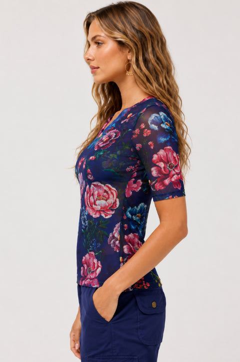 V‑Neck Elbow Sleeve Mesh Top