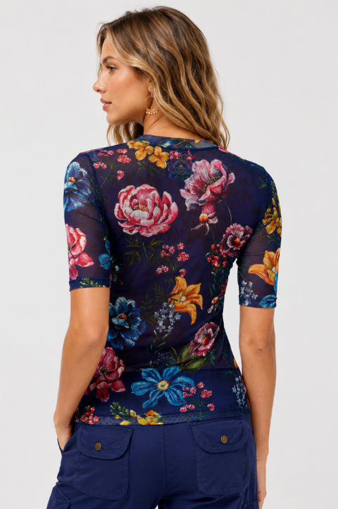 V‑Neck Elbow Sleeve Mesh Top