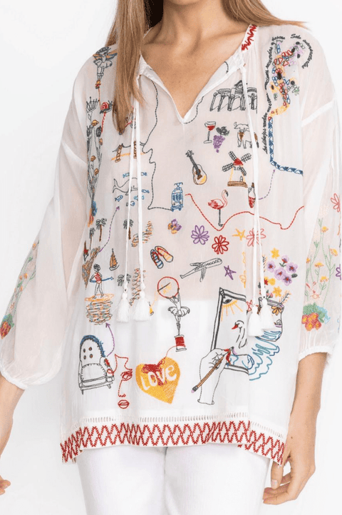 Johnny Was white embroidered blouse