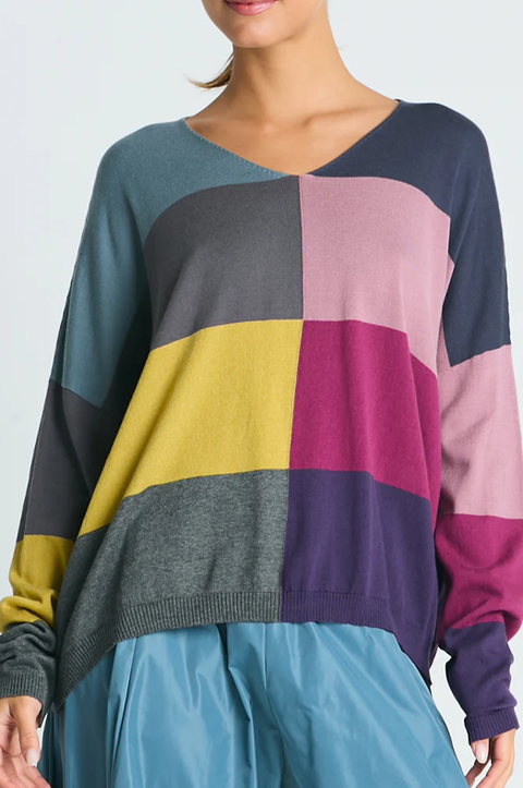 Pima Cotton Patchwork V-Neck Sweater