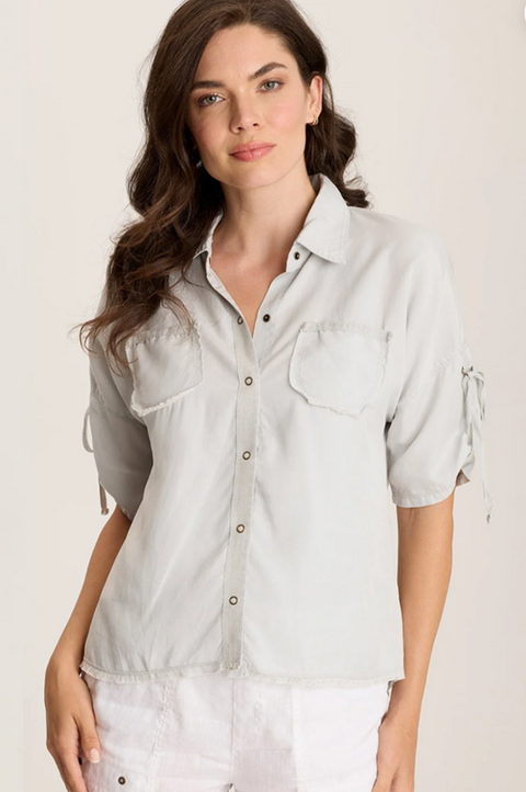 Vinton Twill Jersey Button-Up Collared Top