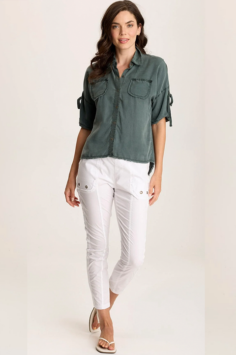 Vinton Twill Jersey Button-Up Collared Top