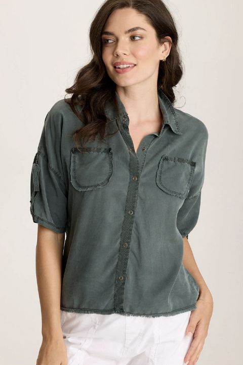 Vinton Twill Jersey Button-Up Collared Top