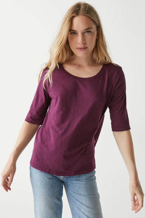Michael Stars plum color, round neck, elbow sleeve, relaxed fit tee
