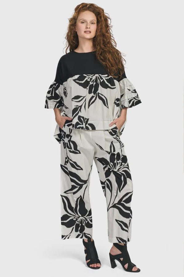 Large floral print straight leg pant in white with black flowers